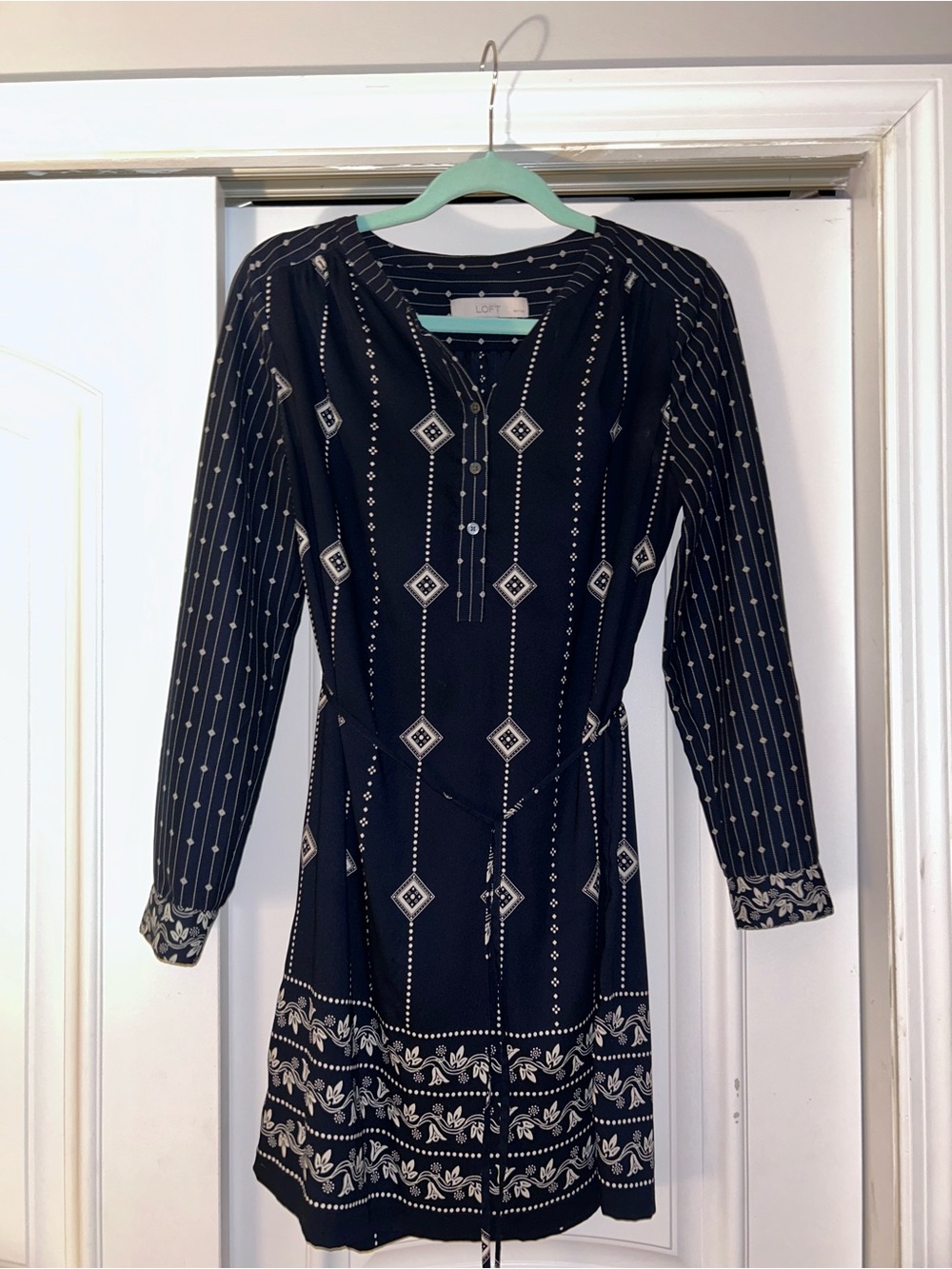 LOFT Navy Blue Printed Long-Sleeve Tie-Waist Dress